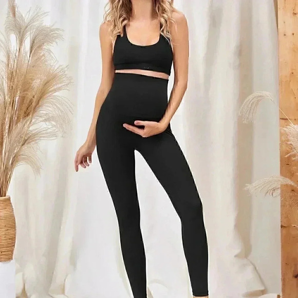 Maternity Solid Wide Waistband Sports Leggings Black - Picture 1 of 5